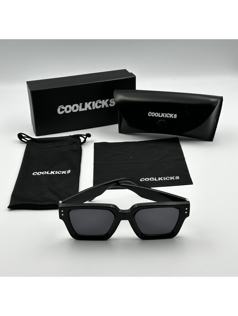 CoolKicks Black Square Sunglasses New with Case, Pouch & Cleaning Cloth
